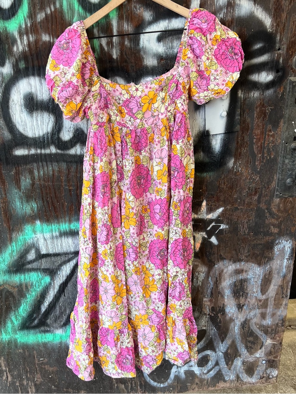 Women’s Pink & Yellow Floral Puff-Sleeve Ruffle Tier Flowy Maxi Long Dress